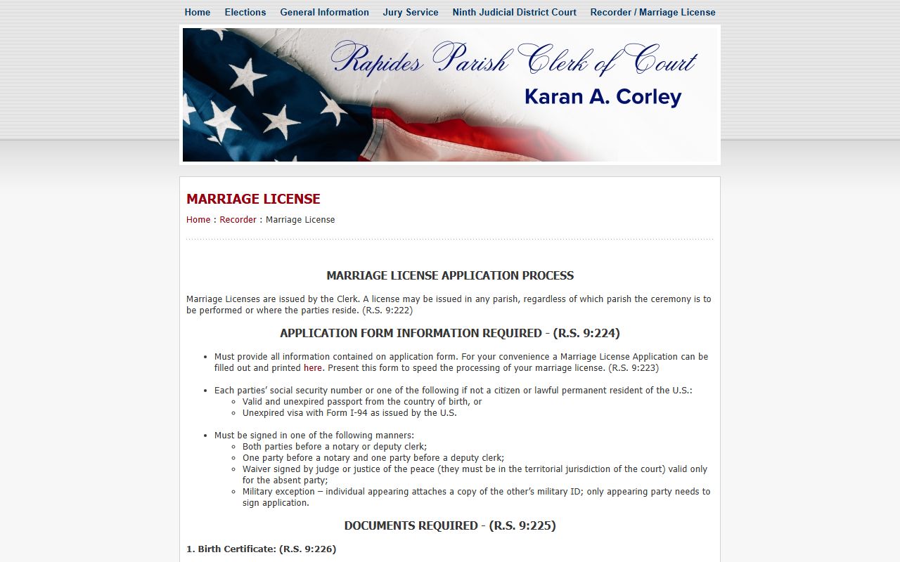 Rapides Parish Clerk marriage license page for Alexandria marriage records