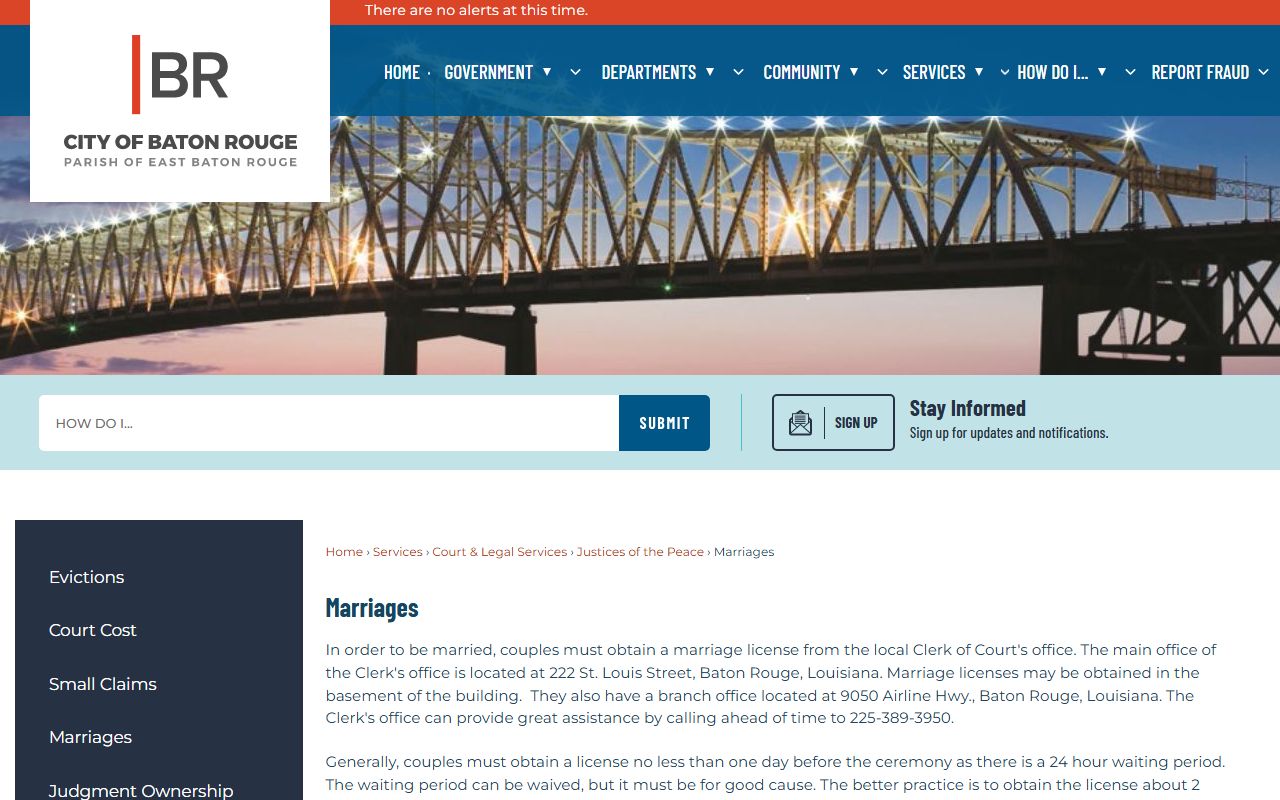 City of Baton Rouge official marriages information page for Baton Rouge marriage records
