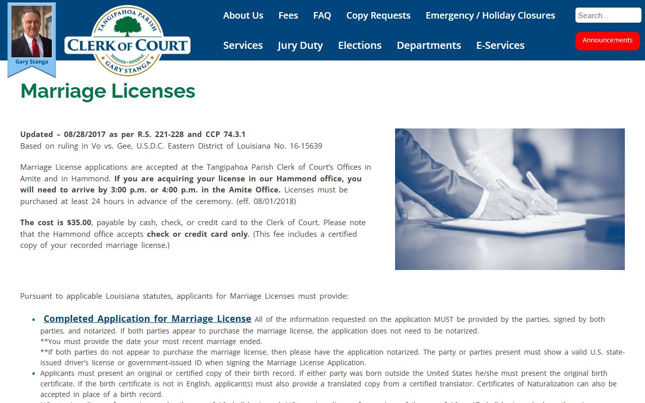 Tangipahoa Parish Clerk marriage licenses page for Hammond marriage records