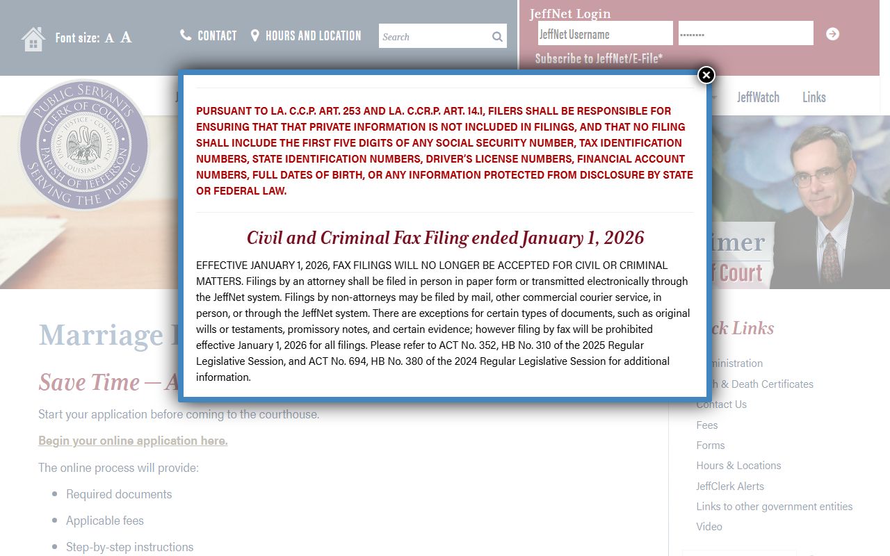 Jefferson Parish Clerk of Court marriage license page for Kenner marriage records