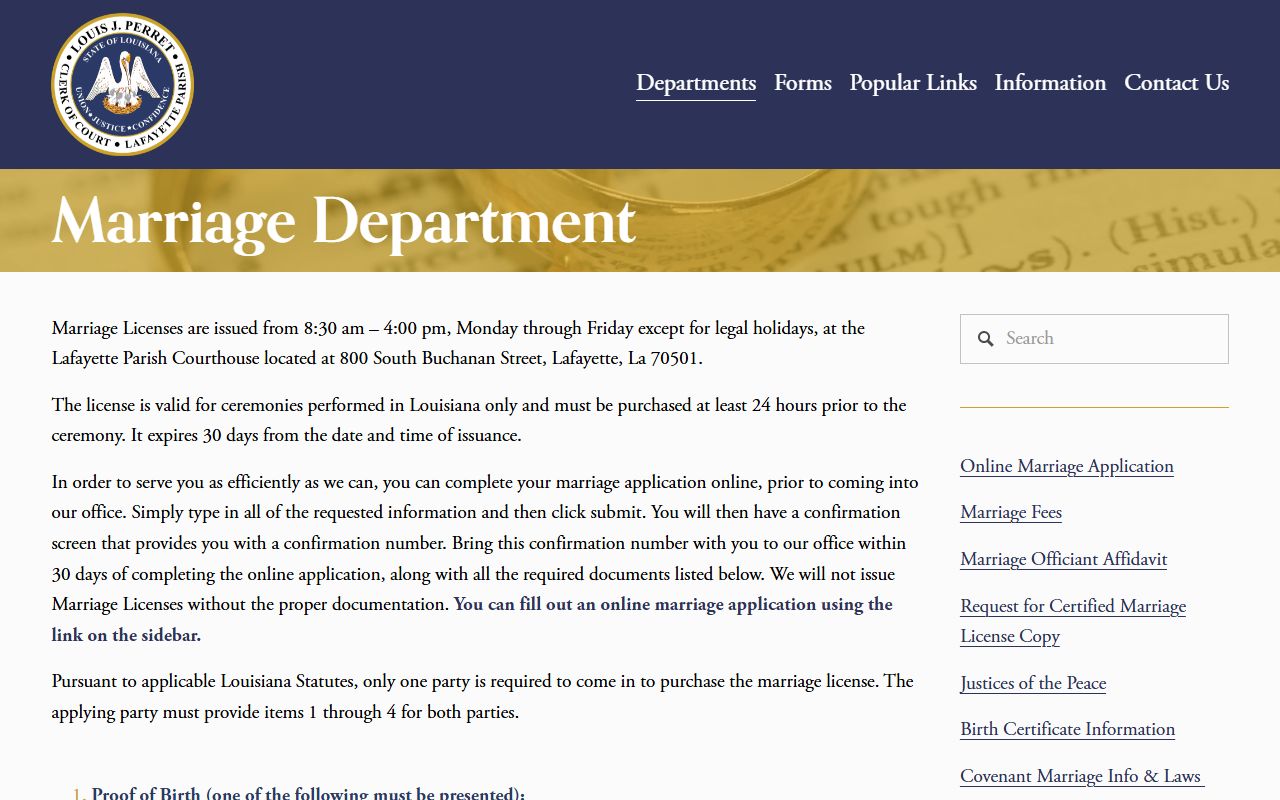 Lafayette Parish Clerk of Court marriage license information for Lafayette marriage records