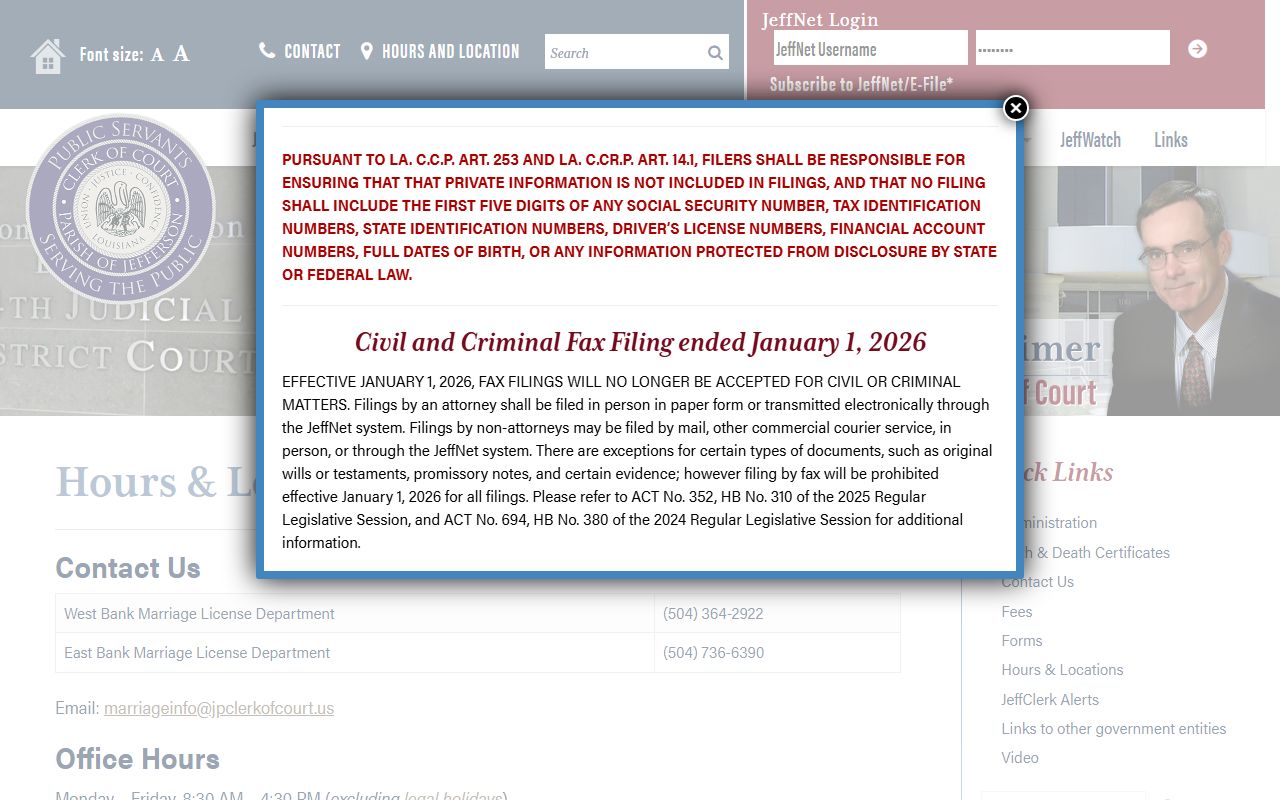 Jefferson Parish Clerk of Court hours and locations page for Metairie marriage records