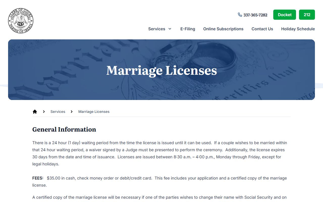 Iberia Parish Clerk marriage licenses page for New Iberia marriage records