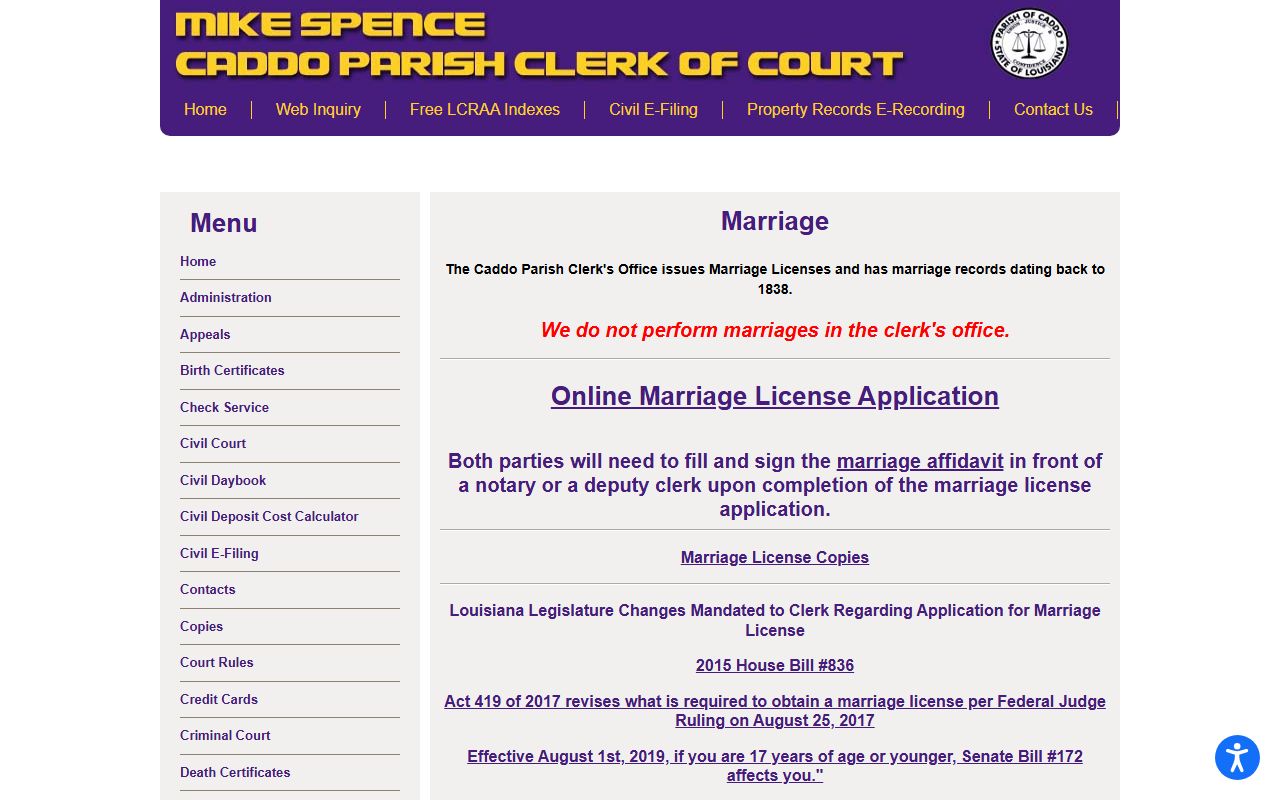 Caddo Parish Clerk of Court marriage license page for Shreveport marriage records