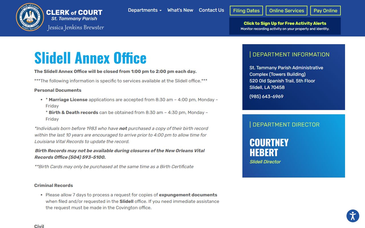 St. Tammany Parish Clerk of Court Slidell office page for marriage records