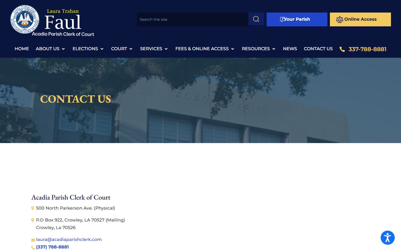 Acadia Parish Clerk of Court contact information page