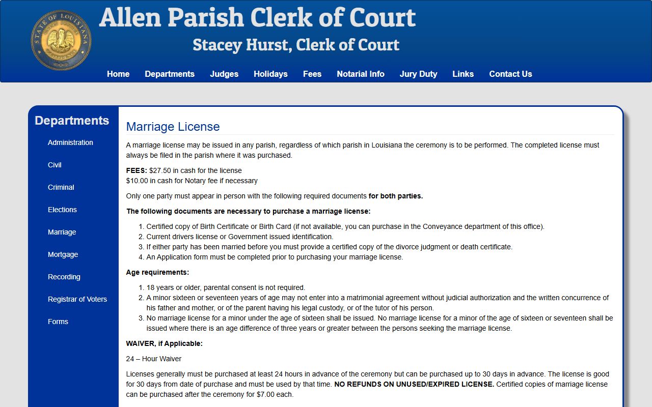 Allen Parish Clerk of Court marriage department page