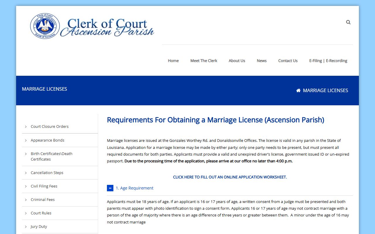 Ascension Parish Clerk of Court marriage licenses page
