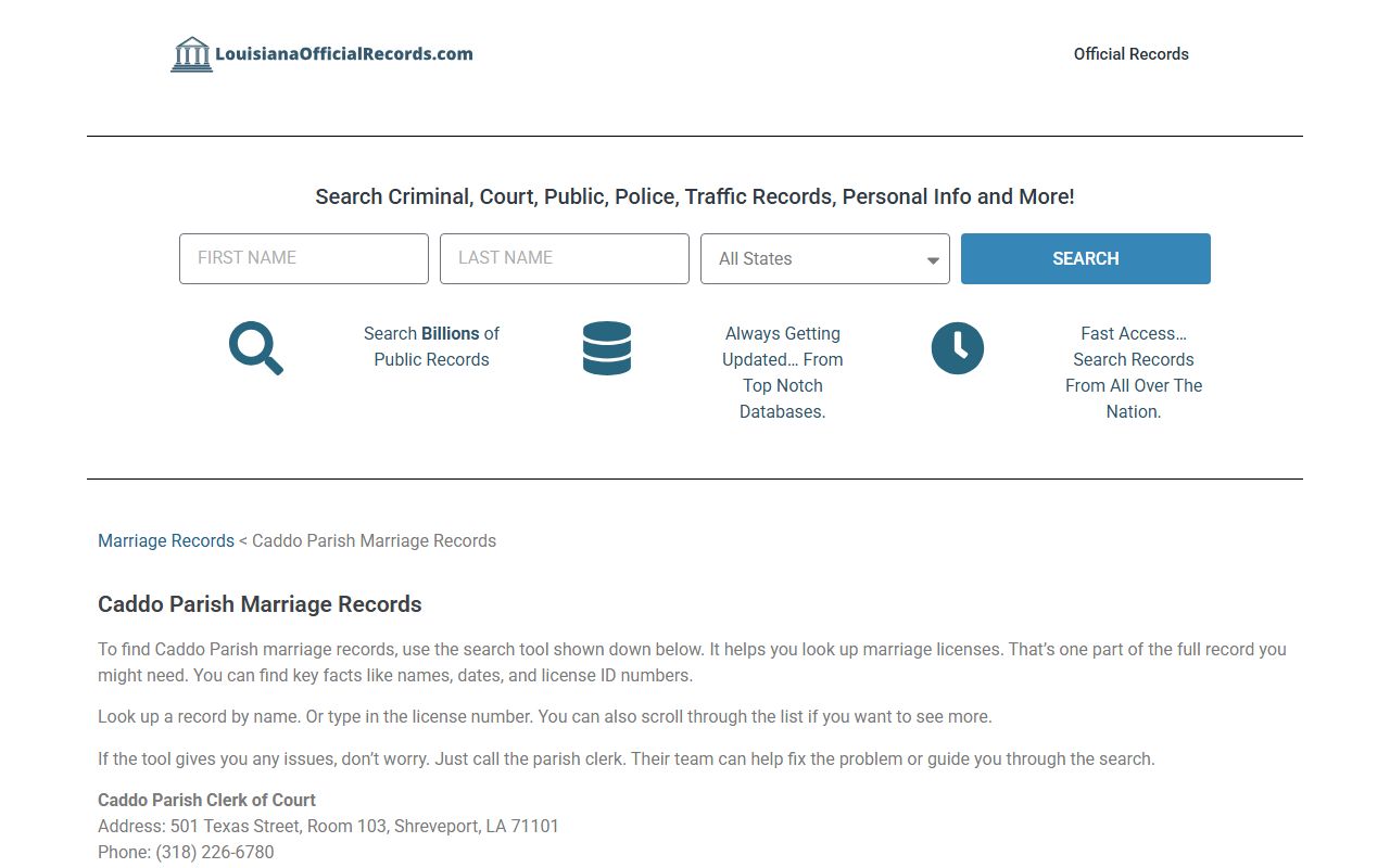 Caddo Parish marriage records information resource