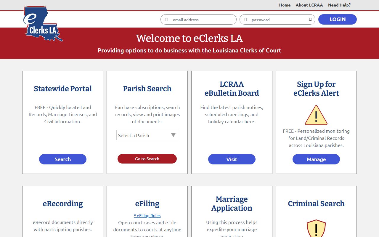 eClerksLA portal showing East Feliciana Parish marriage records search