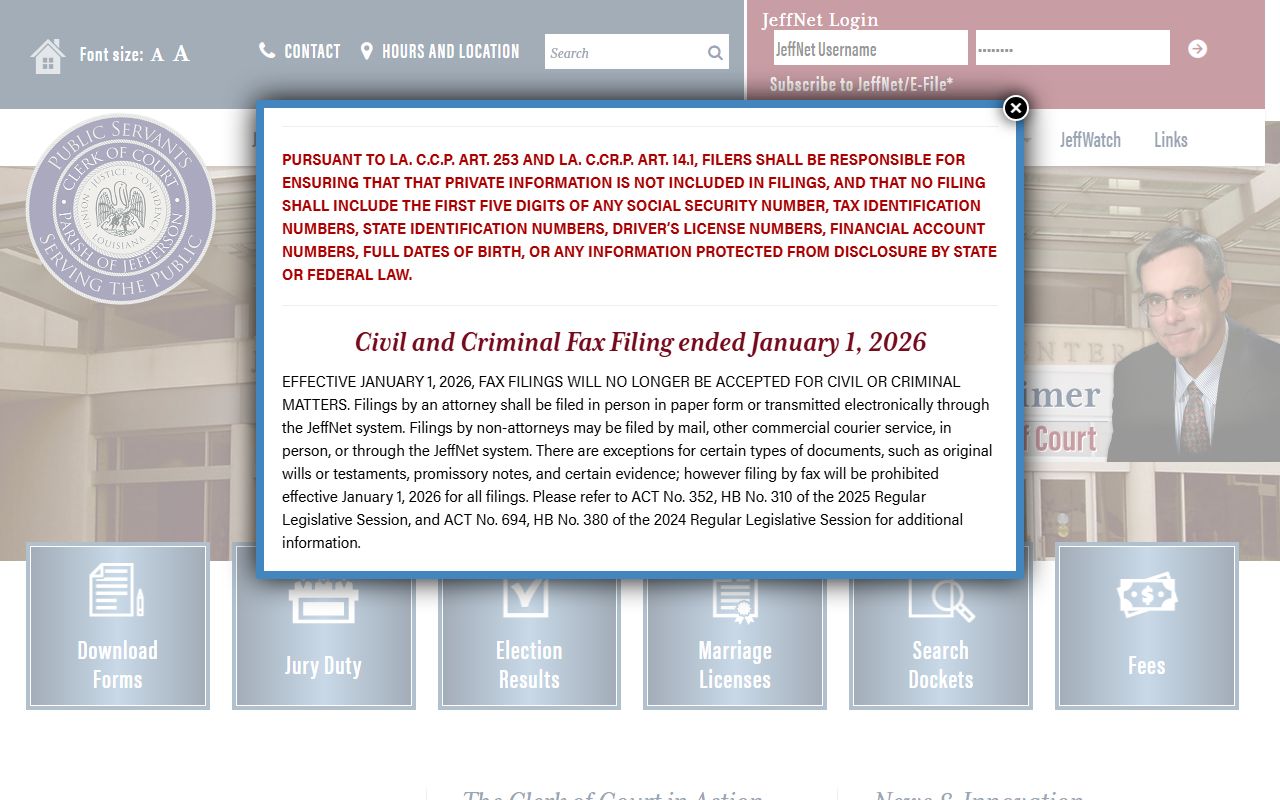 Jefferson Parish Clerk of Court official website for marriage records