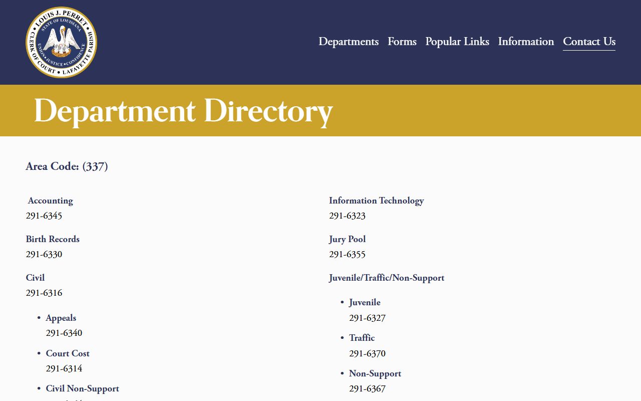 Lafayette Parish Clerk of Court department directory and contact information
