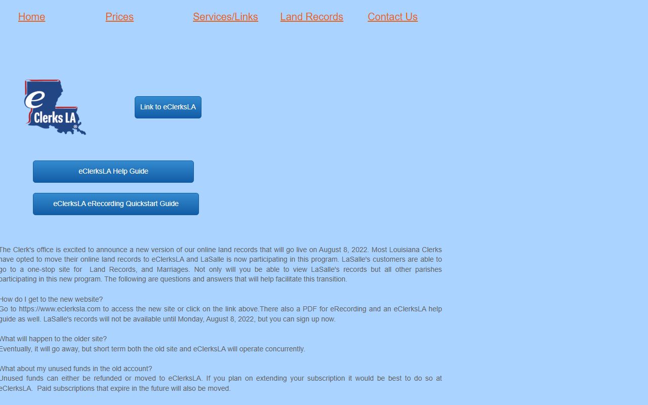 LaSalle Parish Clerk of Court land records page including marriage license records