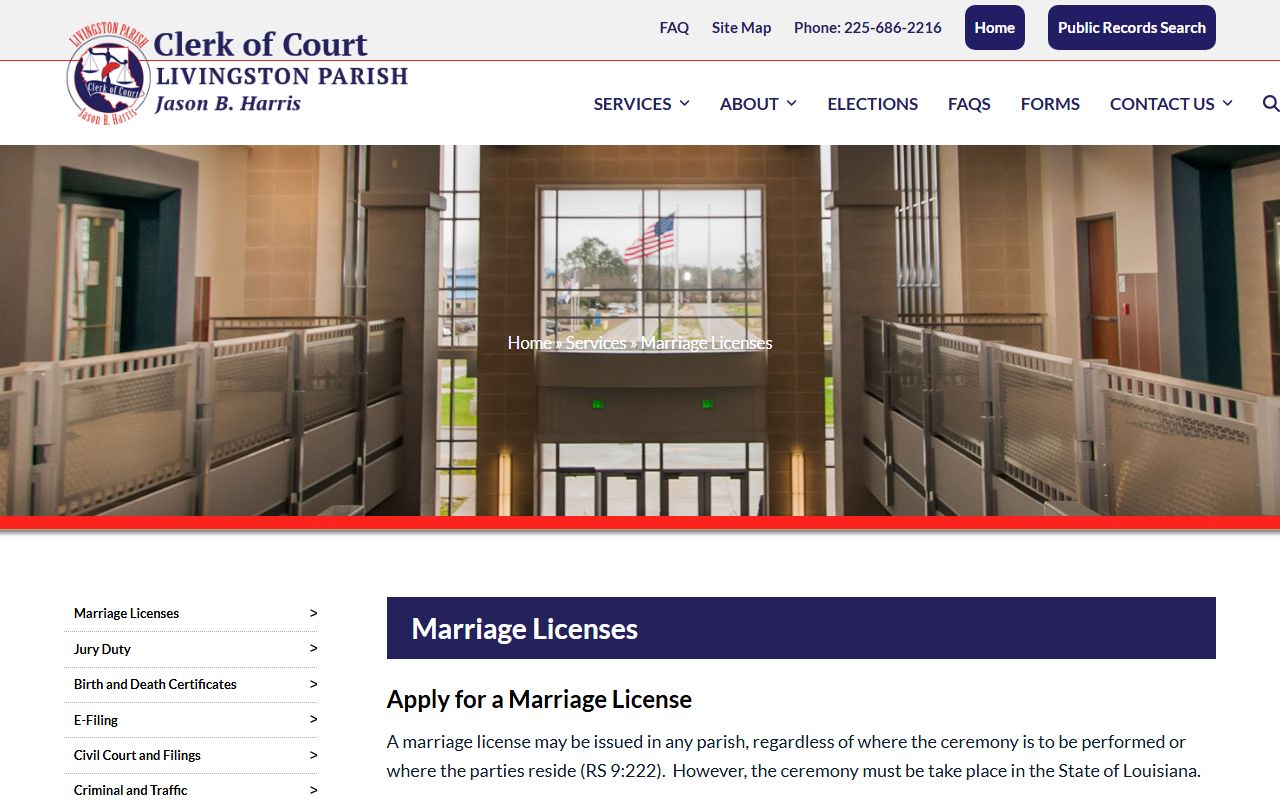Livingston Parish Clerk of Court marriage license requirements page