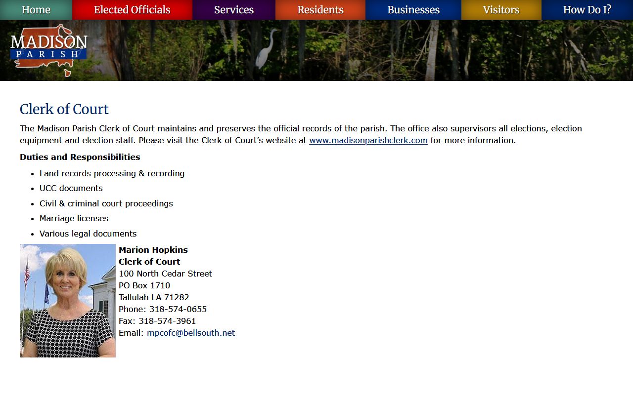 Madison Parish Clerk of Court government page for marriage records