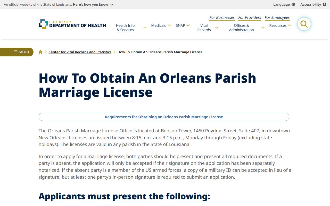 Louisiana Department of Health marriage license information for Orleans Parish marriage records