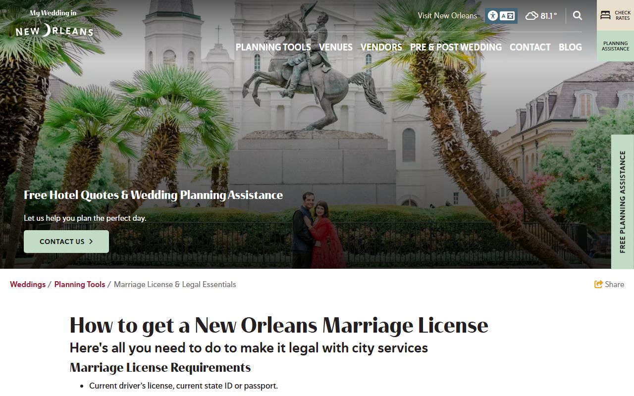 New Orleans wedding and marriage license planning information for Orleans Parish