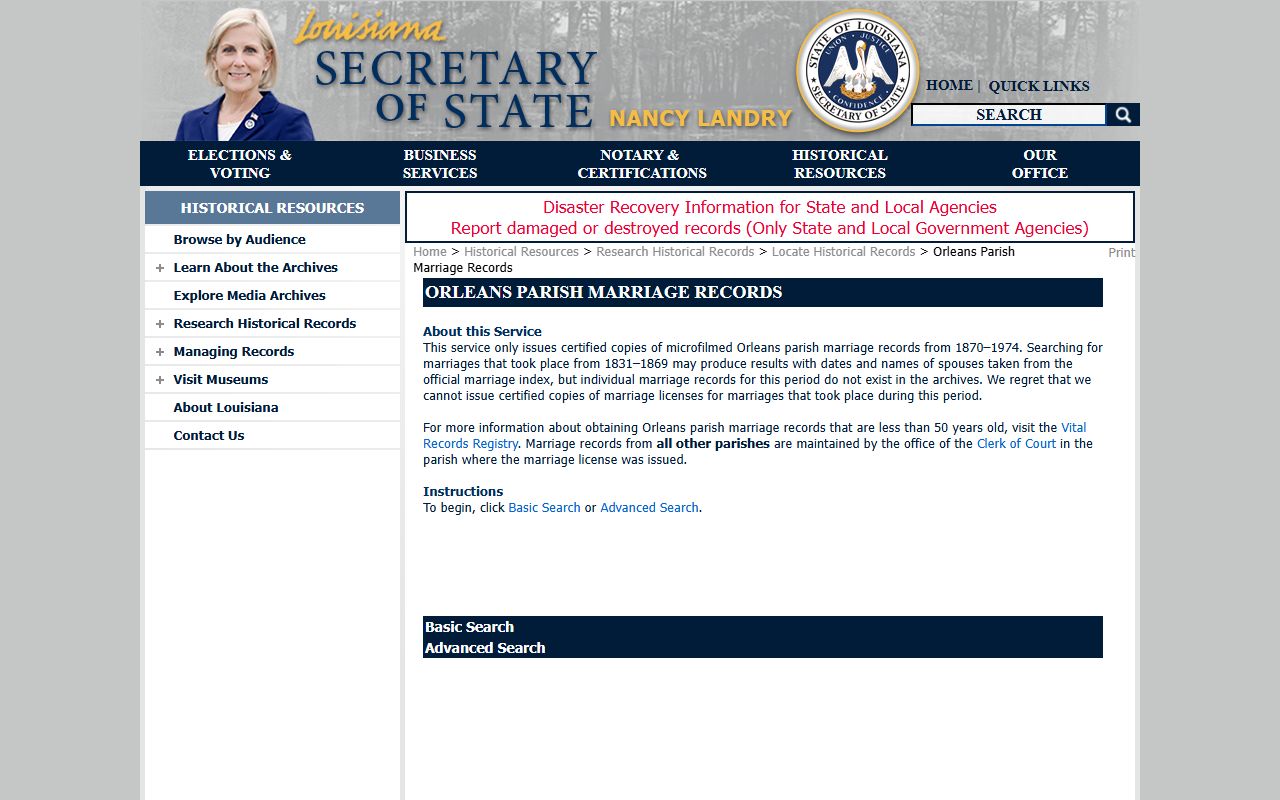 Louisiana State Archives Orleans Parish marriage records historical index