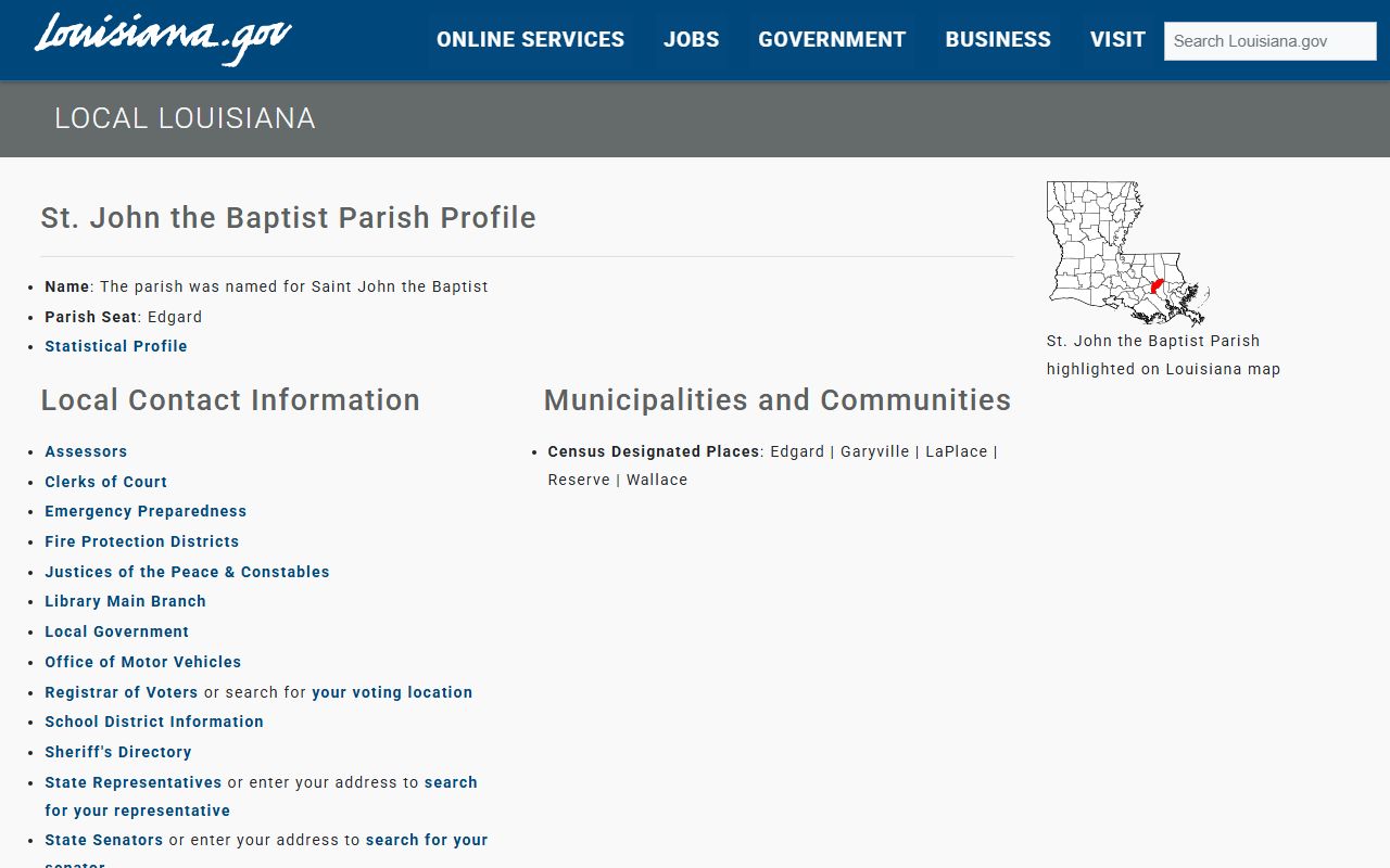 Louisiana state directory page for St. John the Baptist Parish