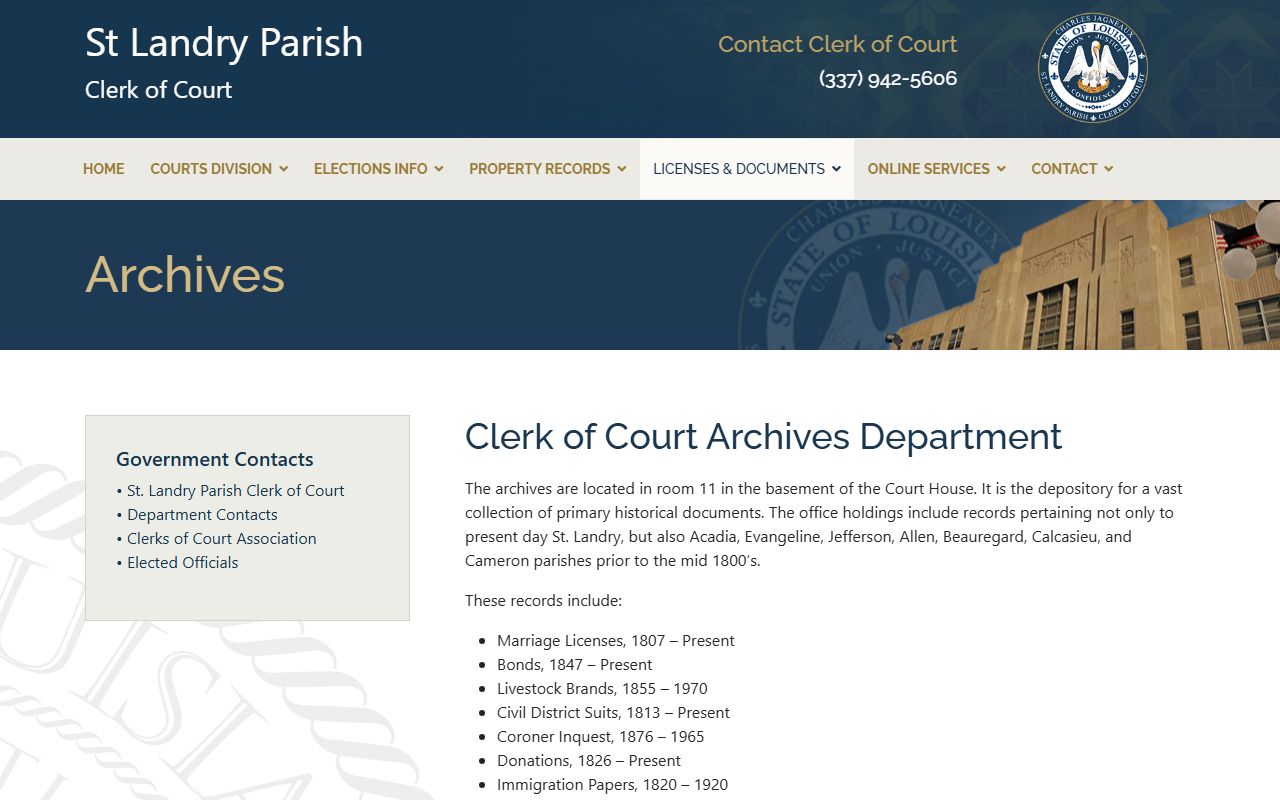 St. Landry Parish Clerk of Court archives page for marriage records