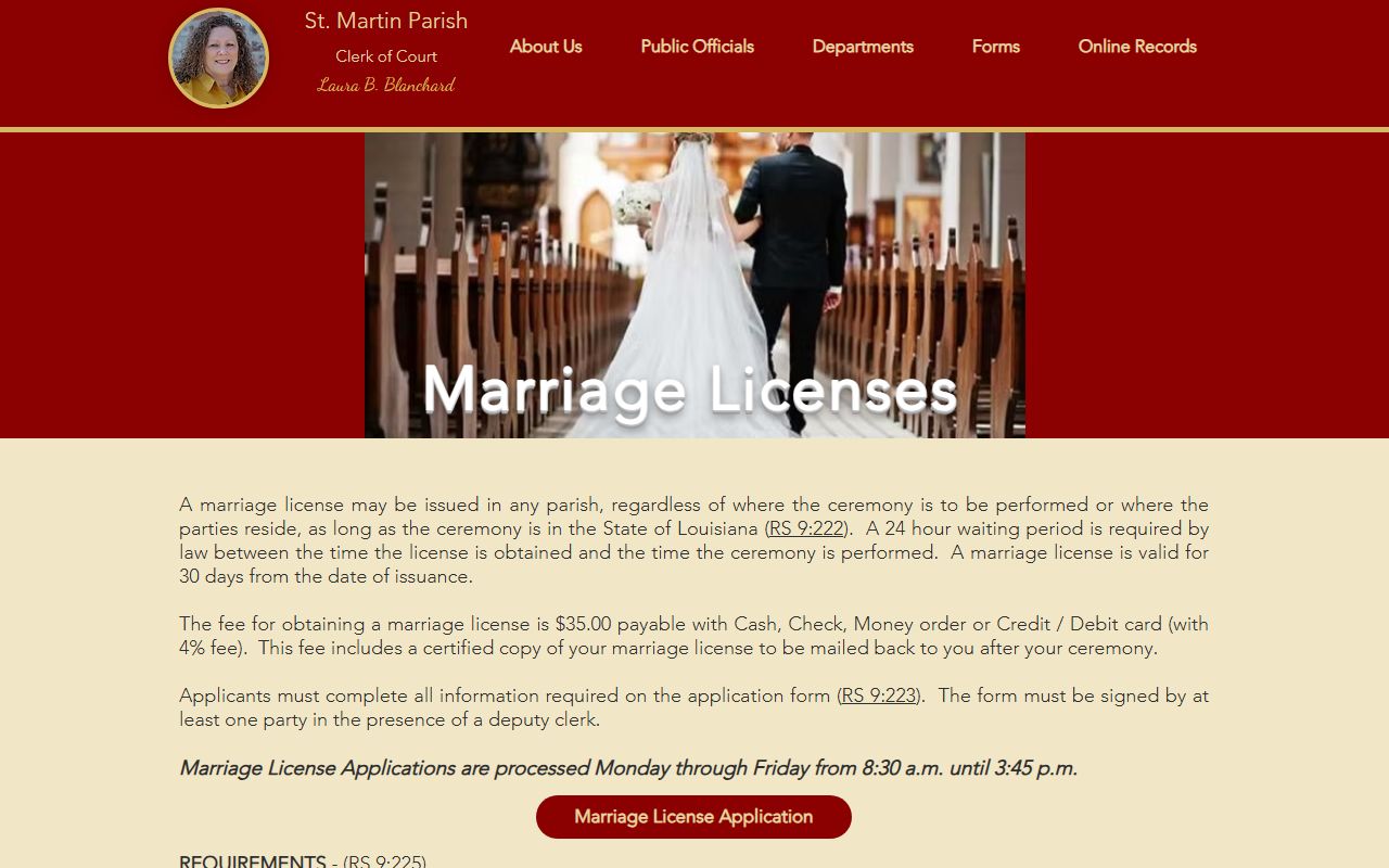 St. Martin Parish Clerk of Court marriage license page for marriage records