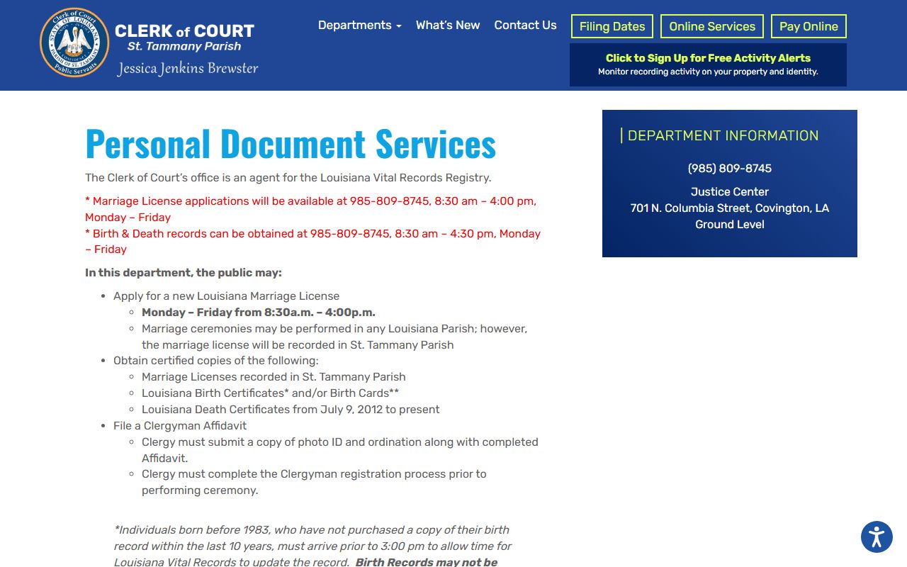 St. Tammany Parish Clerk Personal Documents department for marriage records