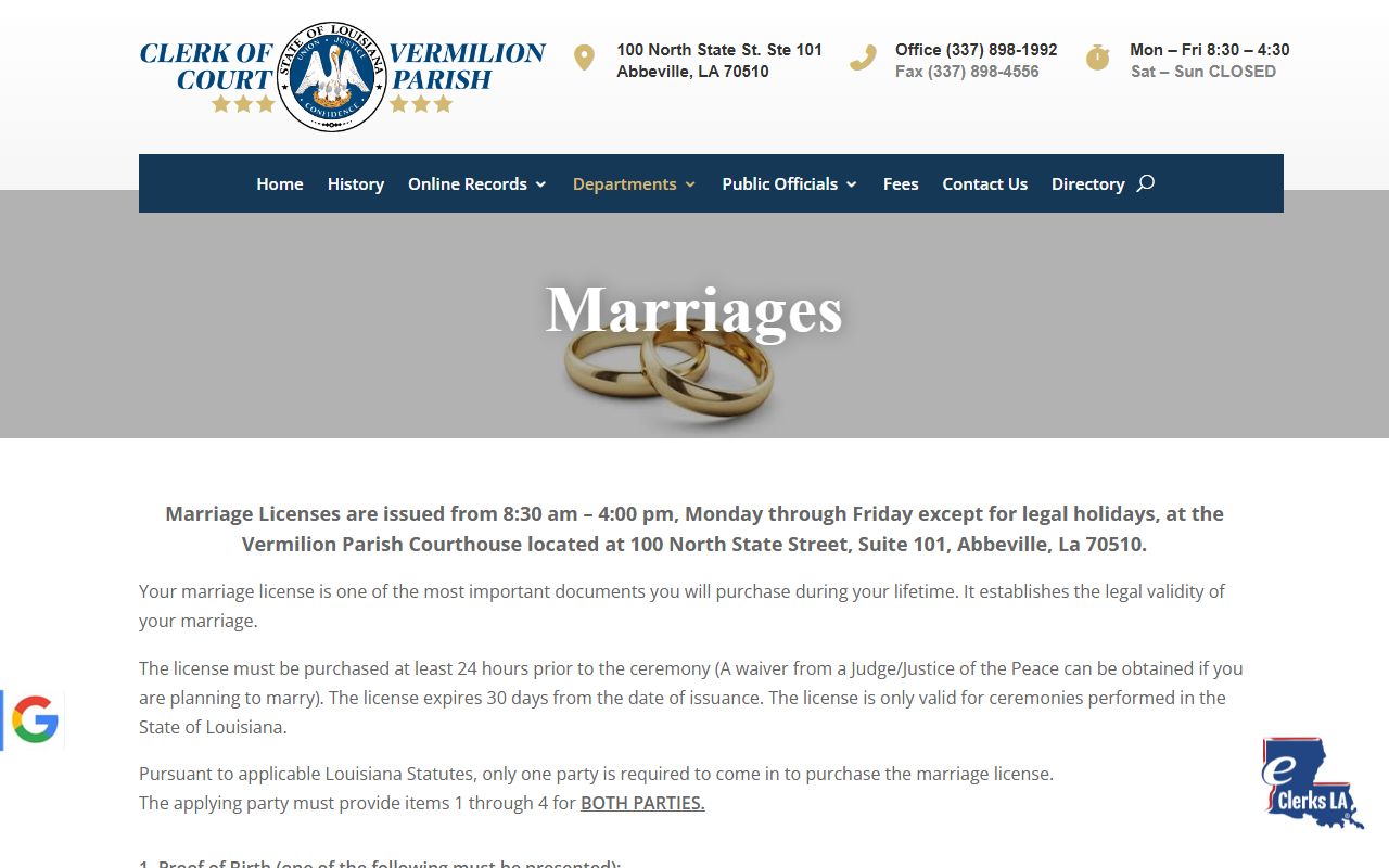 Vermilion Parish Clerk of Court marriage license page for marriage records