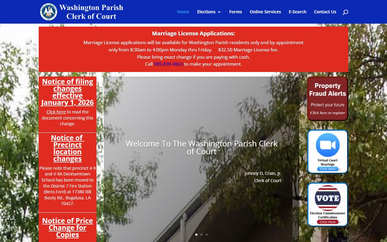Washington Parish Clerk of Court official website for marriage records