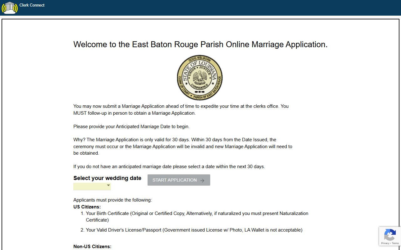 Clerk Connect online marriage license application for Louisiana parishes