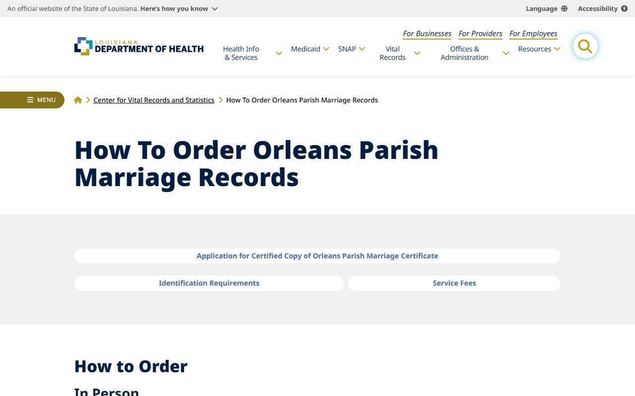 Louisiana Department of Health guide for ordering marriage records