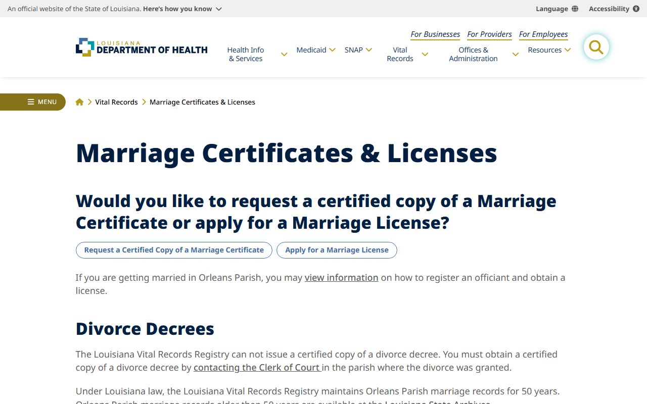 Louisiana Department of Health marriage records page for Orleans Parish