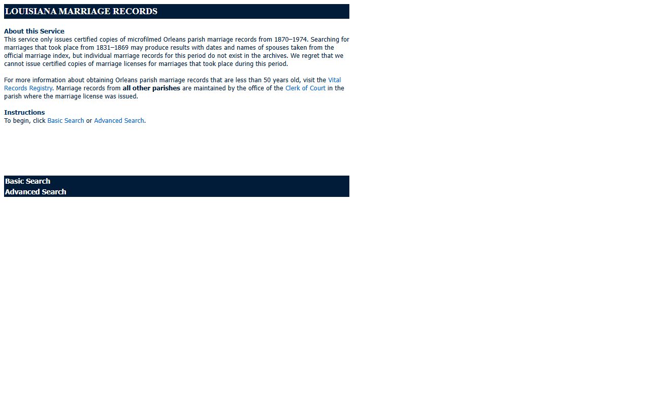 Louisiana Vital Records Marriage Search online index tool